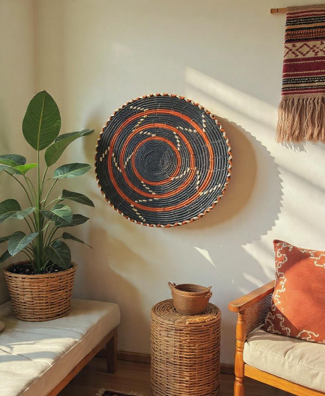 Handwoven Wall Basket 13 Inch | Black Rust & Natural Woven Wall Decor | Boho Southwestern Basket | African Inspired Wall Art - Image 2