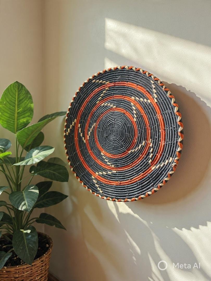 Handwoven Wall Basket 13 Inch | Black Rust & Natural Woven Wall Decor | Boho Southwestern Basket | African Inspired Wall Art - Image 3