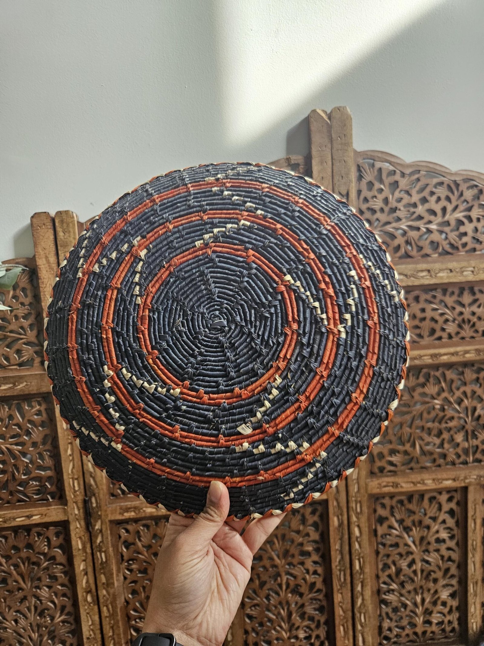 Handwoven Wall Basket 13 Inch | Black Rust & Natural Woven Wall Decor | Boho Southwestern Basket | African Inspired Wall Art - Image 5