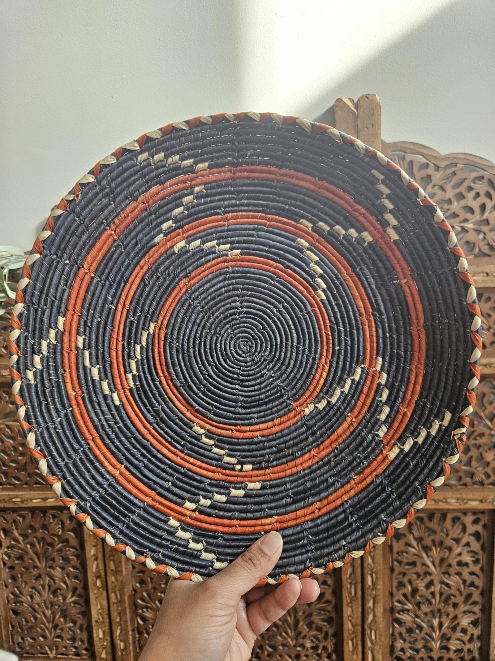 Handwoven Wall Basket 13 Inch | Black Rust & Natural Woven Wall Decor | Boho Southwestern Basket | African Inspired Wall Art - Image 6