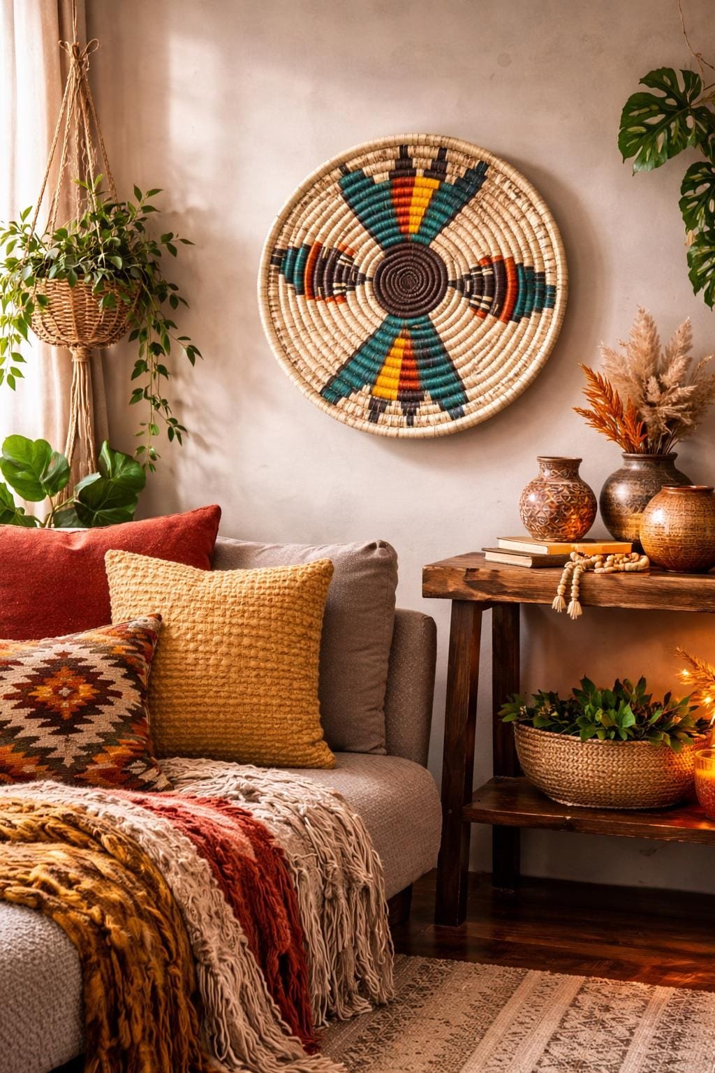10" Handmade Coil Woven Wall Basket | Boho African Style Plaque, Rustic Farmhouse Decor
