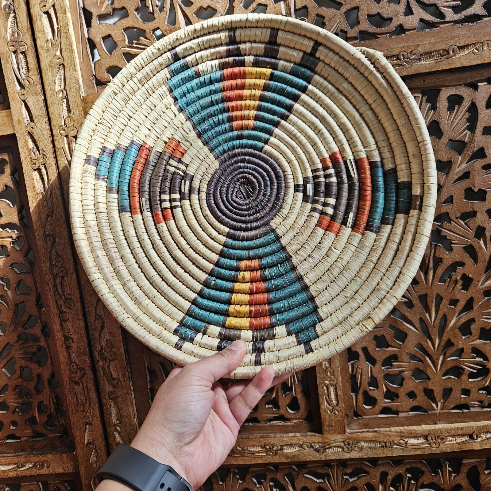 10" Handmade Coil Woven Wall Basket | Boho African Style Plaque, Rustic Farmhouse Decor - Image 2