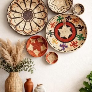 Handwoven Basket Wall Decor Set, African Southwestern Boho, Set of 6