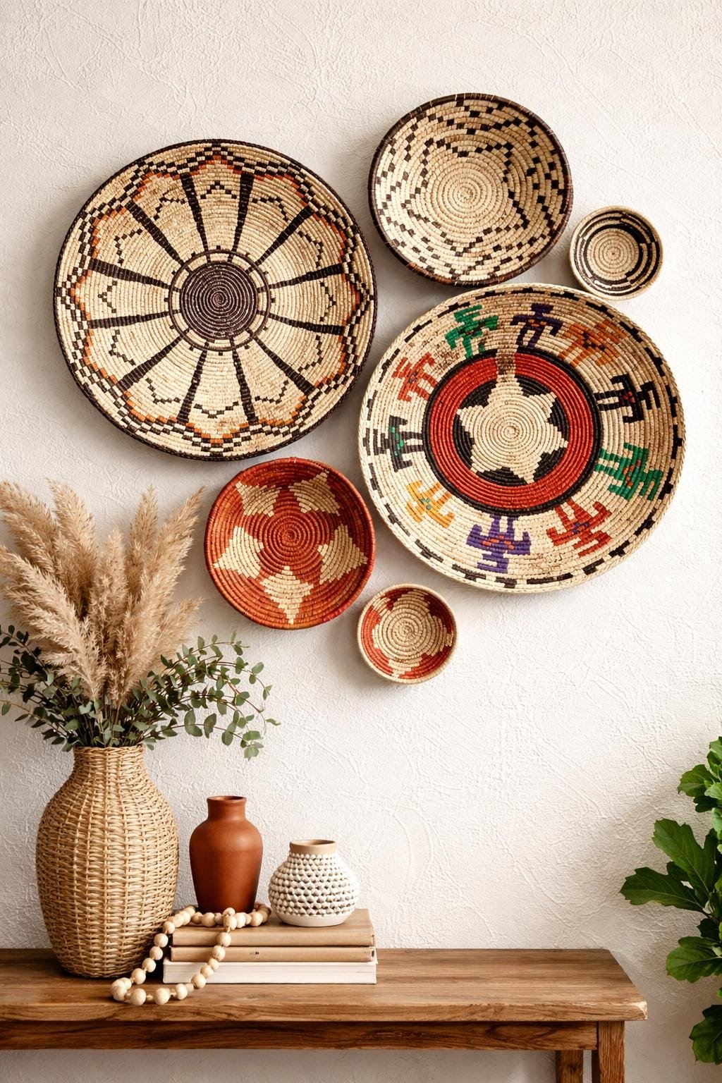 Handwoven Basket Wall Decor Set, African Southwestern Boho, Set of 6