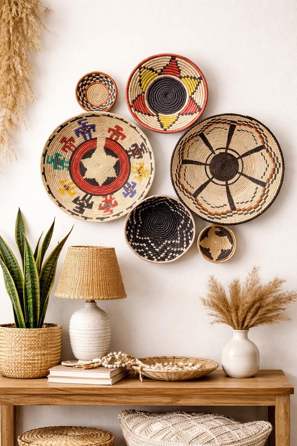 Handwoven Basket Wall Decor Set, African Southwestern Boho, Set of 6