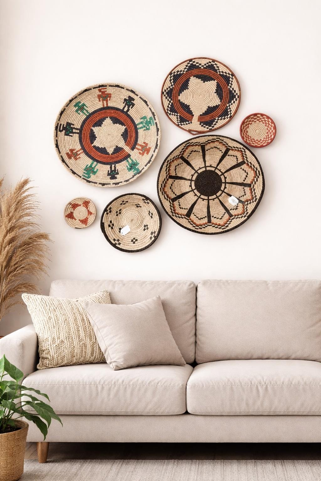 Handwoven Basket Wall Decor Set, African Southwestern Boho, Set of 6