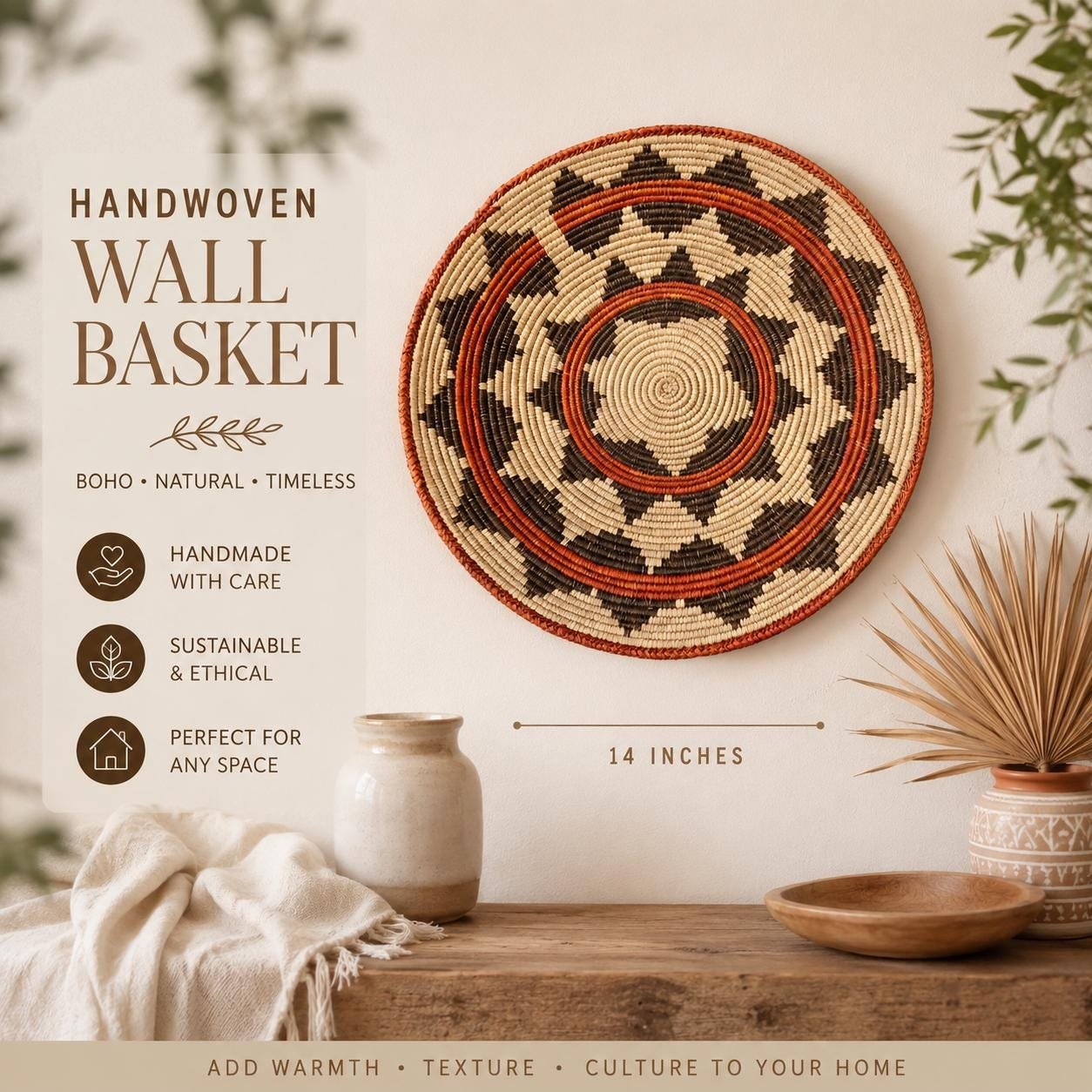 Southwestern Boho Hand Woven Dream Basket | Tribal-Inspired Wall Decor, 13.5–14 Inch