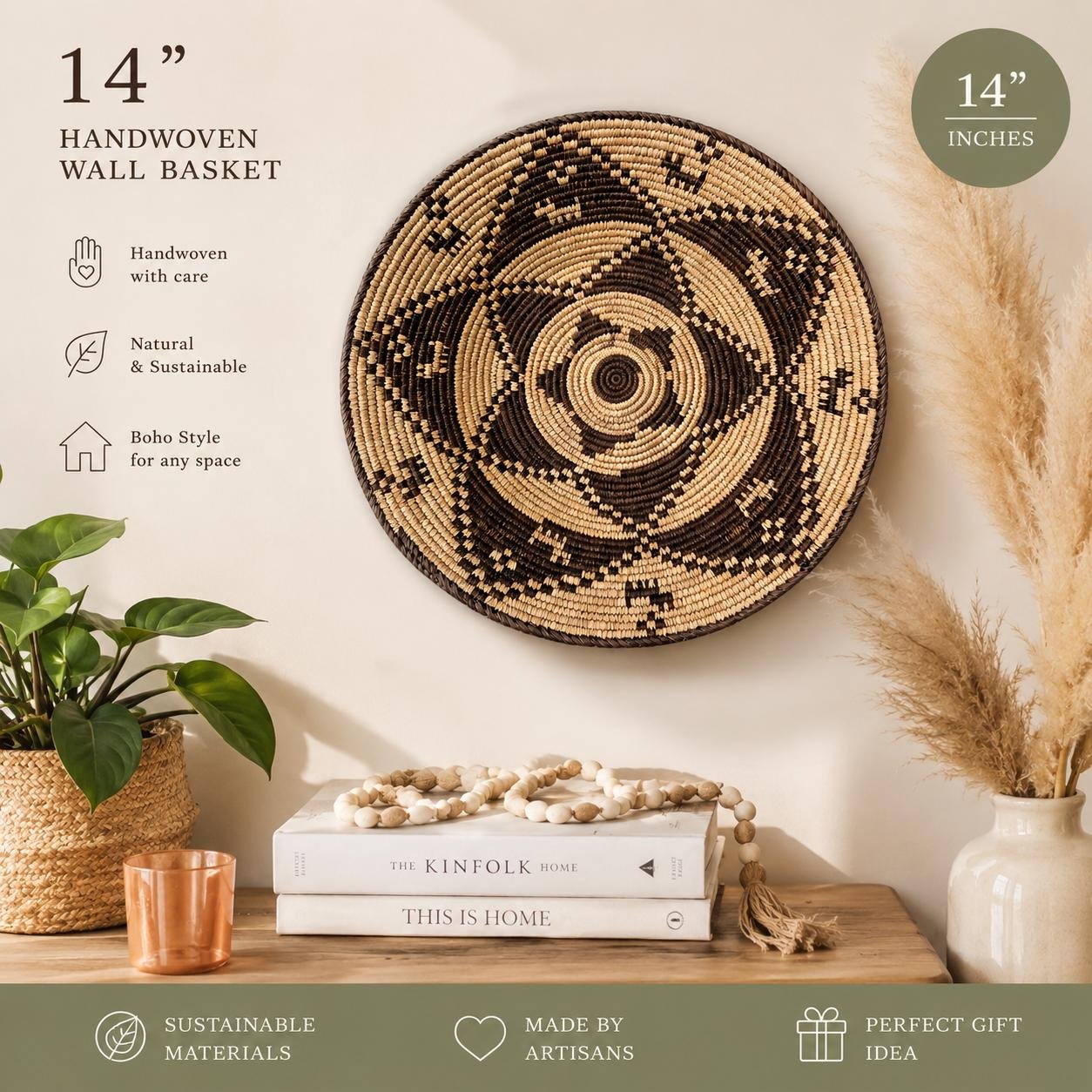Southwestern Boho Hand Woven Dream Basket | Tribal-Inspired Wall Decor, 13.5–14 Inch