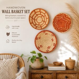 Bohemian Woven Wall Basket – Handwoven Tribal Wall Art – Natural Fiber Basket Decor Set of 3 bowls