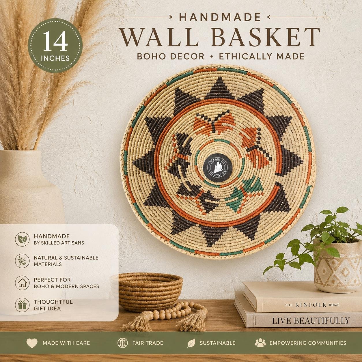 Southwestern Boho Hand Woven Dream Basket | Tribal-Inspired Wall Decor, 13.5–14 Inch