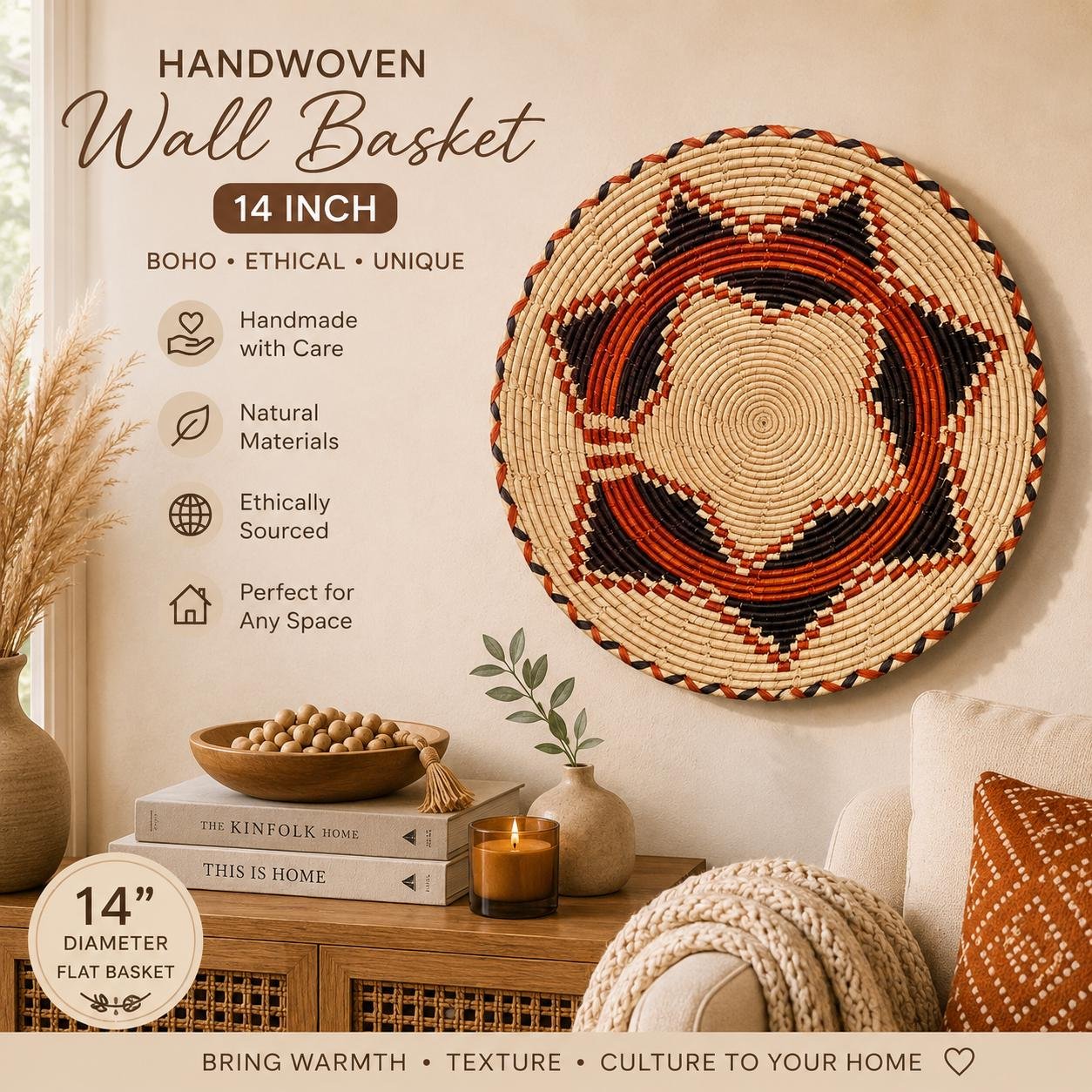 Handwoven Wicker Basket | Boho Table Centerpiece, Wall Decor