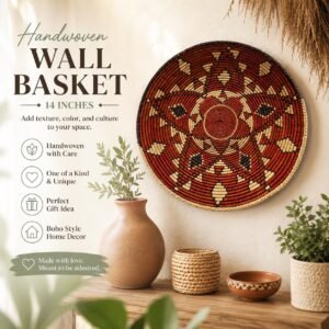 Boho Wall Basket Decor, Handwoven 14 Inch Wicker Basket, Southwest Wall Art