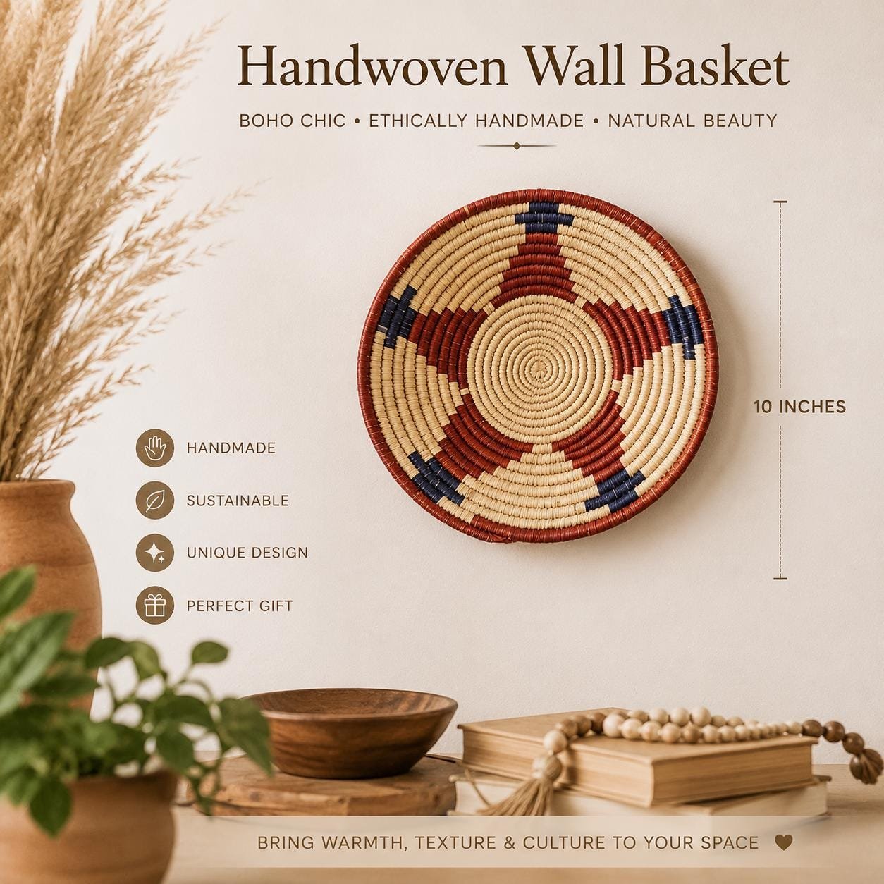 Terracotta Boho Wall Basket | Handwoven African Wall Art | Basket Wall Decor | Rustic Farmhouse Accent | 10 Inch Basket