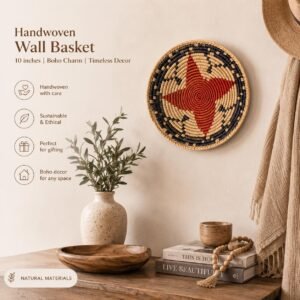Crimson Star Wall Basket | Handwoven Boho Southwestern Decor, Navy & Terracotta