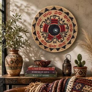 Handwoven Flat Wall Basket | Canyon orange | Orange Rust Natural Boho Wall Decor | Woven Wall Hanging | Southwestern Home Decor Gift