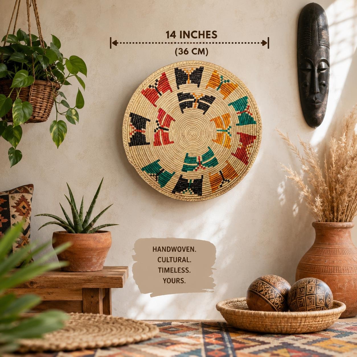 Fiesta Pinwheel 14 Inch Handwoven Wall Basket, Boho Wall Decor, Multicolor Red Teal Orange Bohemian Wall Art Home Decor - Image 2