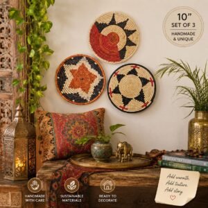 Set of 3 Handwoven Wall Baskets 8 Inch | Boho Woven Wall Decor | Terracotta Navy Cream Basket Set | Eclectic Gallery Wall Art