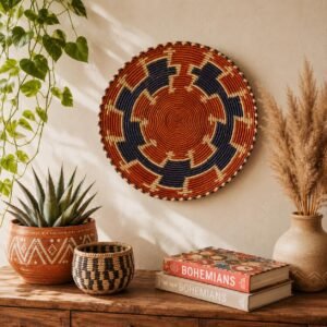 Canyon Dusk Wall Basket 13 Inch | Handwoven Boho Wall Decor | Rust Indigo Woven Basket | Southwestern Bohemian Wall Art