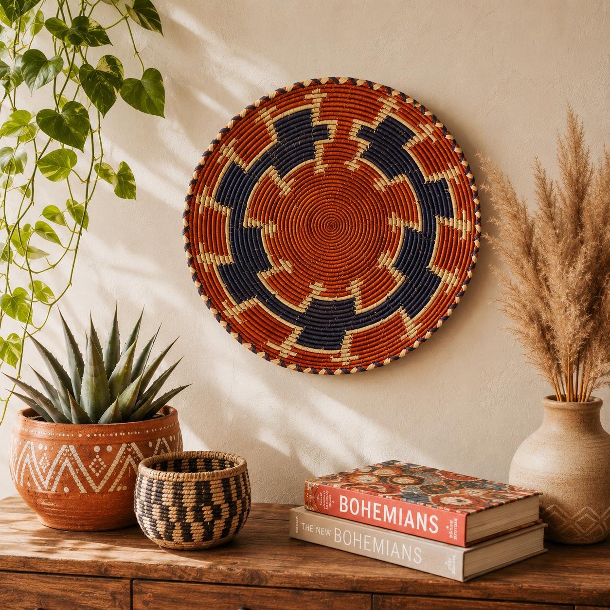 Canyon Dusk Wall Basket 13 Inch | Handwoven Boho Wall Decor | Rust Indigo Woven Basket | Southwestern Bohemian Wall Art