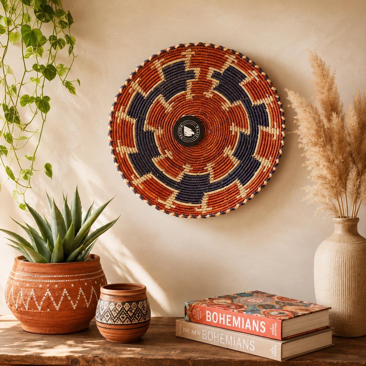 Canyon Dusk Wall Basket 13 Inch | Handwoven Boho Wall Decor | Rust Indigo Woven Basket | Southwestern Bohemian Wall Art - Image 3