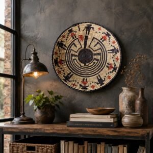 Ember Compass 14" Handwoven Boho Wall Decor, Black Cream Red Woven Basket, Bohemian Wall Art Home Decor