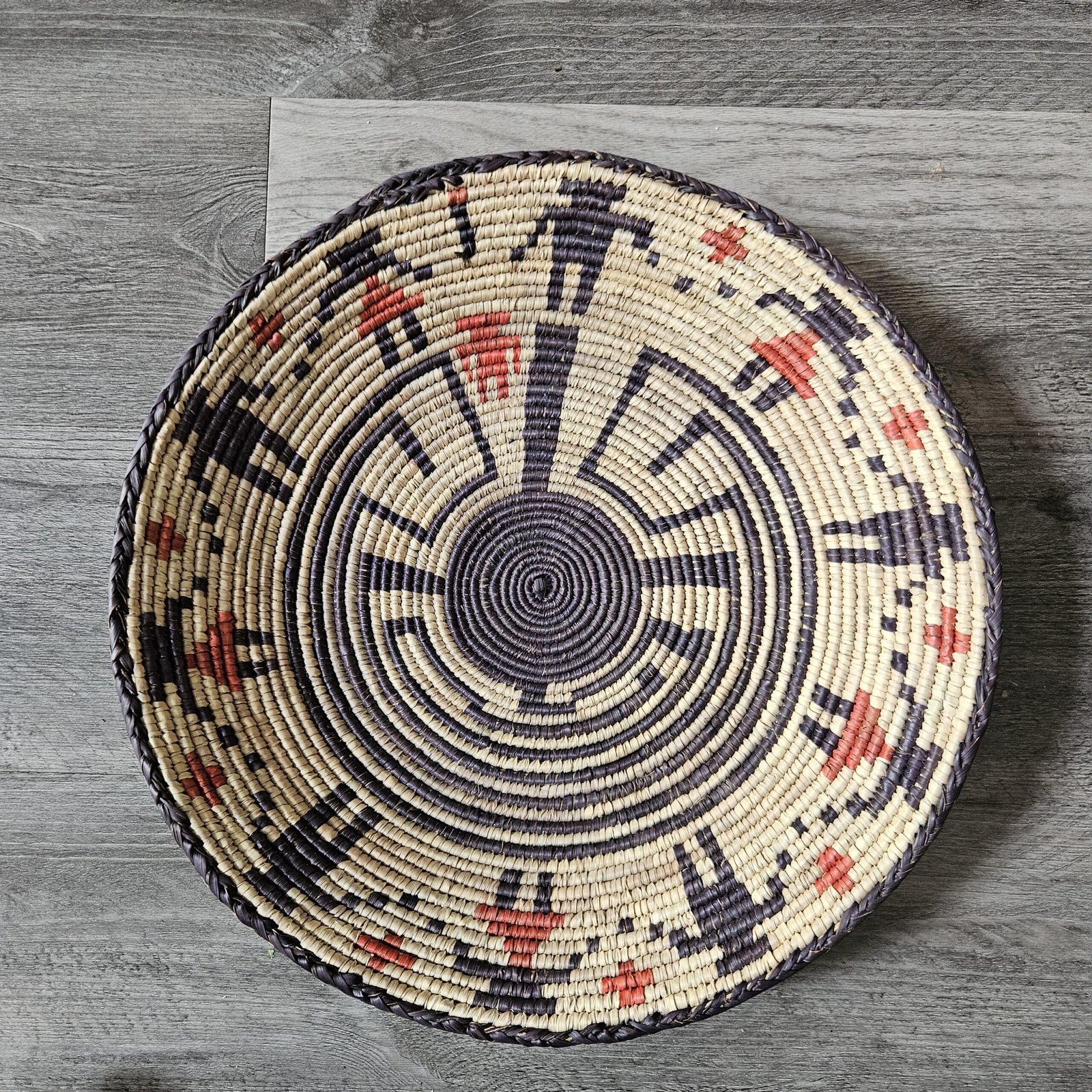Ember Compass 14" Handwoven Boho Wall Decor, Black Cream Red Woven Basket, Bohemian Wall Art Home Decor - Image 2