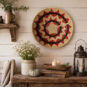 Large 14 Inch Handwoven  African Wall Basket | Beige & Terracotta Boho Wall Decor | Woven Basket Wall Hanging | Rustic Bohemian