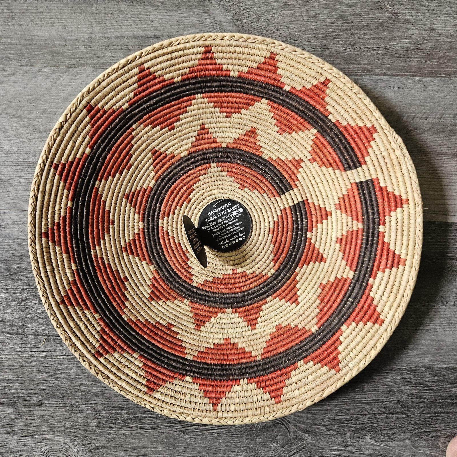 Large 14 Inch Handwoven African Wall Basket | Beige & Terracotta Boho Wall Decor | Woven Basket Wall Hanging | Rustic Bohemian - Image 4