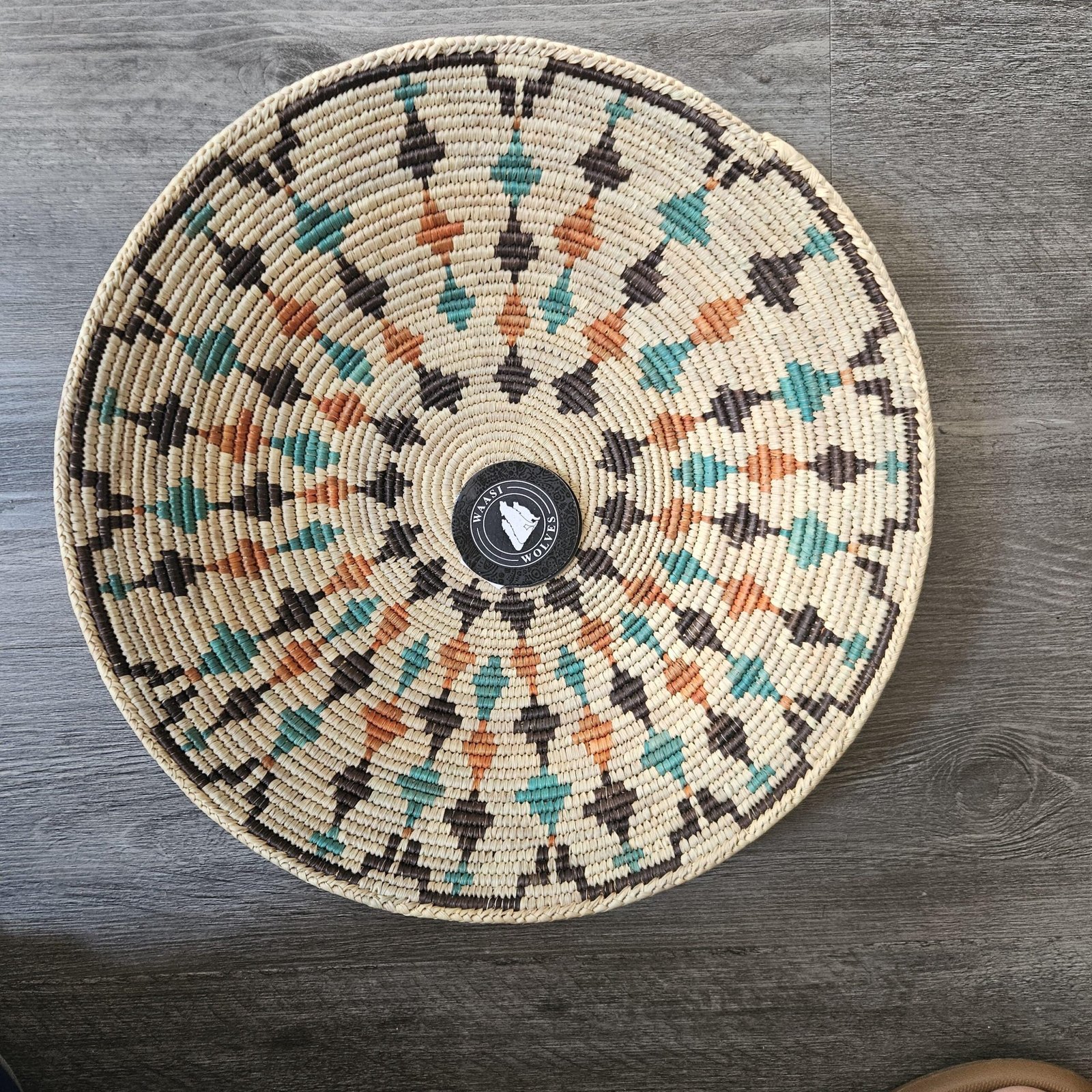 14 Inch Handwoven Wall Basket | Boho Woven Wall Decor | Teal Rust Black Geometric Basket | Southwestern Eclectic Home Decor - Image 3