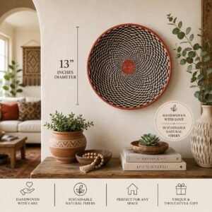 Slate Coral 13" Handwoven Boho Wall Basket, Navy Terracotta Spiral Wall Decor, African Wall Basket Bohemian Wall Art Home Decor