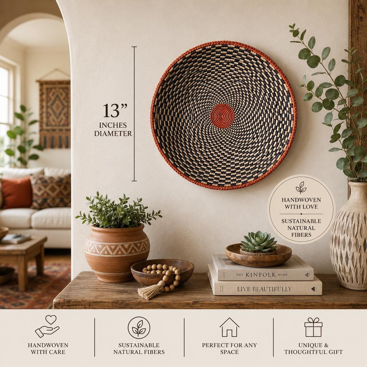 Slate Coral 13" Handwoven Boho Wall Basket, Navy Terracotta Spiral Wall Decor, African Wall Basket Bohemian Wall Art Home Decor