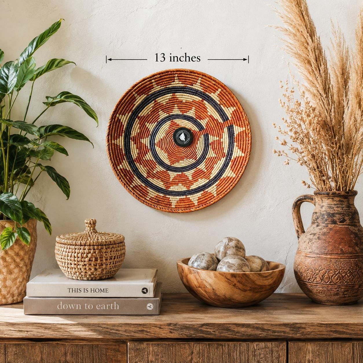 Rust Halo 13" Handwoven Boho Wall Basket, Rust Navy Cream Sunburst Wall Decor, African Wall Basket Bohemian Wall Art Home Decor