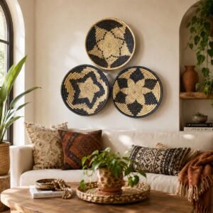 Bohemian Woven Wall Basket – Handwoven Tribal Wall Art – Natural Fiber Basket Decor Set of 3 bowls