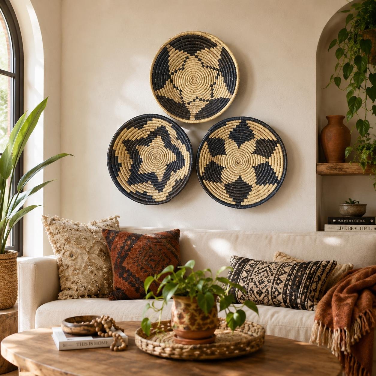 Bohemian Woven Wall Basket – Handwoven Tribal Wall Art – Natural Fiber Basket Decor Set of 3 bowls