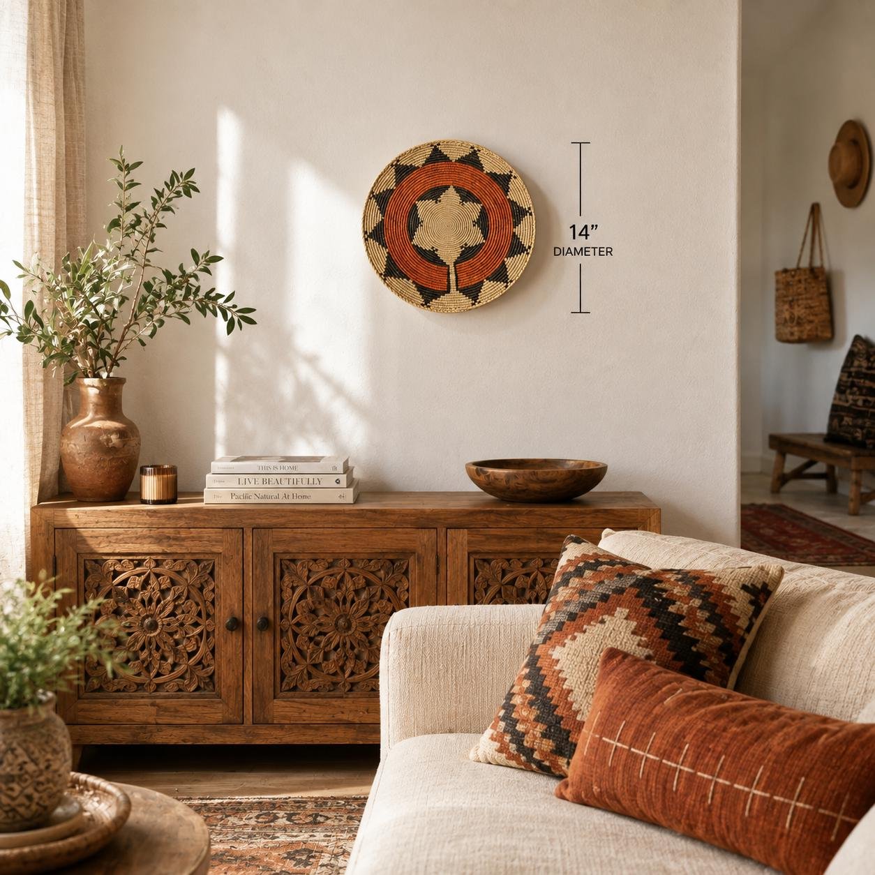 Rust Compass 14" Handwoven Boho Wall Basket, Star Pattern Woven Wall Decor, Bohemian Wall Art Home Decor - Image 2