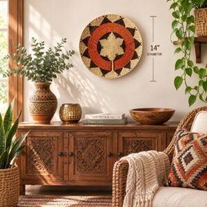 Rust Compass 14" Handwoven Boho Wall Basket, Star Pattern Woven Wall Decor, Bohemian Wall Art Home Decor