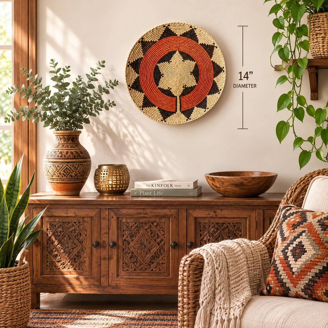 Rust Compass 14" Handwoven Boho Wall Basket, Star Pattern Woven Wall Decor, Bohemian Wall Art Home Decor