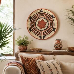 14 Inch Handwoven Wall Basket | Terracotta Black & Cream Woven Decor | Southwestern Boho Wall Basket | Geometric Tribal Home Decor