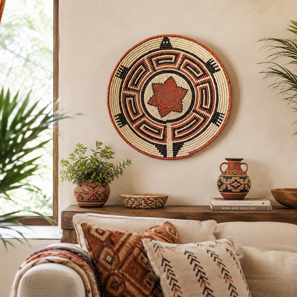 14 Inch Handwoven Wall Basket | Terracotta Black & Cream Woven Decor | Southwestern Boho Wall Basket | Geometric Tribal Home Decor