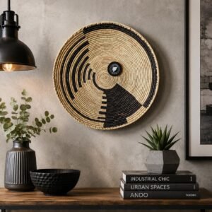 Shadow Pinwheel 14" Handwoven Boho Wall Basket, Black Natural Two-Tone Geometric Decor, Modern Bohemian Wall Art Home Decor