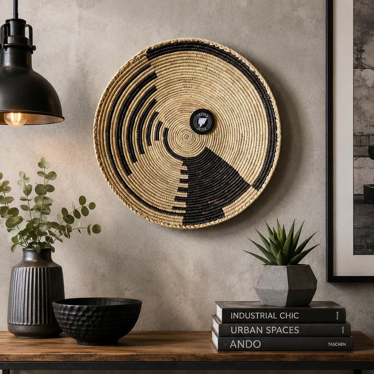 Shadow Pinwheel 14" Handwoven Boho Wall Basket, Black Natural Two-Tone Geometric Decor, Modern Bohemian Wall Art Home Decor