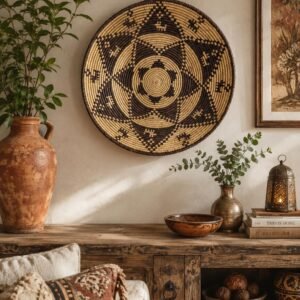Southwestern Boho Hand Woven Dream Basket | Tribal-Inspired Wall Decor, 13.5–14 Inch black and beige