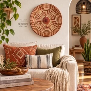 Boho Woven Wall Basket 14 Inch, Rust & Cream African Basket Wall Decor, Handmade Tribal Basket, Eclectic Bohemian Home Decor
