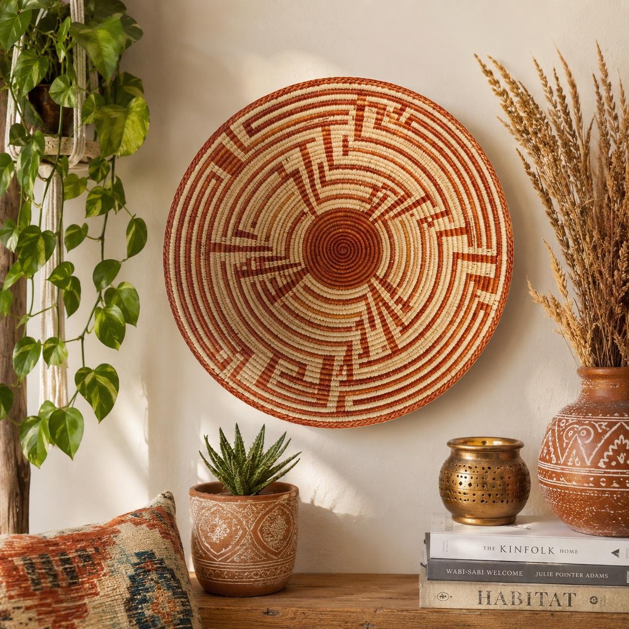 Boho Woven Wall Basket 14 Inch, Rust & Cream African Basket Wall Decor, Handmade Tribal Basket, Eclectic Bohemian Home Decor - Image 5