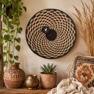 Black & Natural Woven Wall Basket 14 Inch, African Basket Wall Decor, Boho Eclectic Wall Art, Handmade Tribal Home Decor