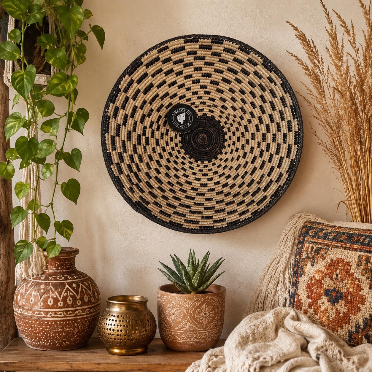 Black & Natural Woven Wall Basket 14 Inch, African Basket Wall Decor, Boho Eclectic Wall Art, Handmade Tribal Home Decor