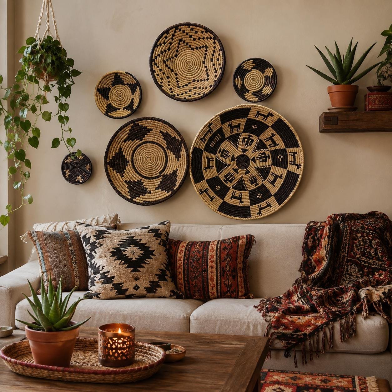 Espresso Star Collection Set of 6 Handwoven Wall Baskets Black Brown Cream Assorted Sizes Woven Wall Decor Boho Home Decor - Image 3