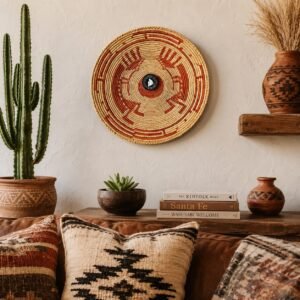 Southwestern Woven Wall Basket 14 Inch, Boho Wall Decor, Terracotta & Natural African Basket, Tribal Woven Wall Art, Eclectic Home Decor