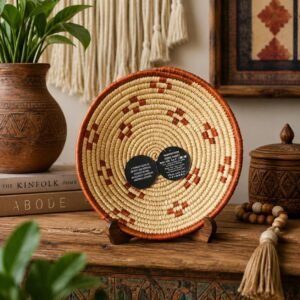 8 Inch Handwoven Wall Basket, Natural Cream & Rust Boho Wall Decor, Woven Basket Wall Art, Rustic Eclectic Home Decor