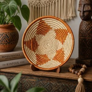 8 Inch Handwoven Wall Basket, Natural Cream & Rust Boho Wall Decor, Woven Basket Wall Art, Rustic Eclectic Home Decor